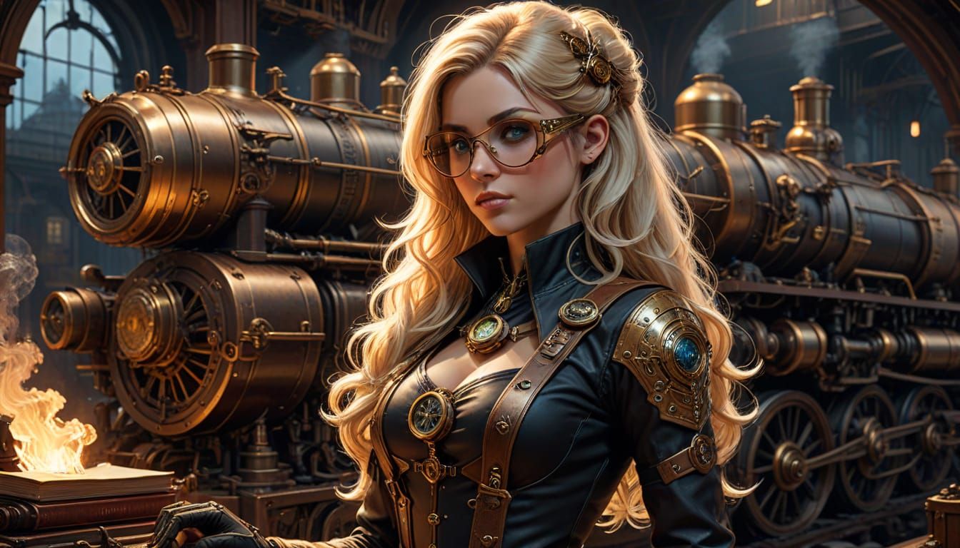 Steampunk Beauty Leans Against Locomotive in Gritty Cityscap...