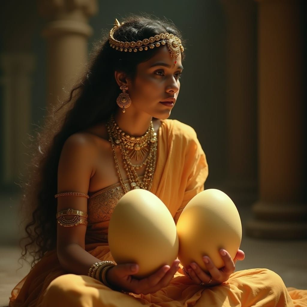 Majestic Woman Gazing at Golden Eggs in Cinematic Style