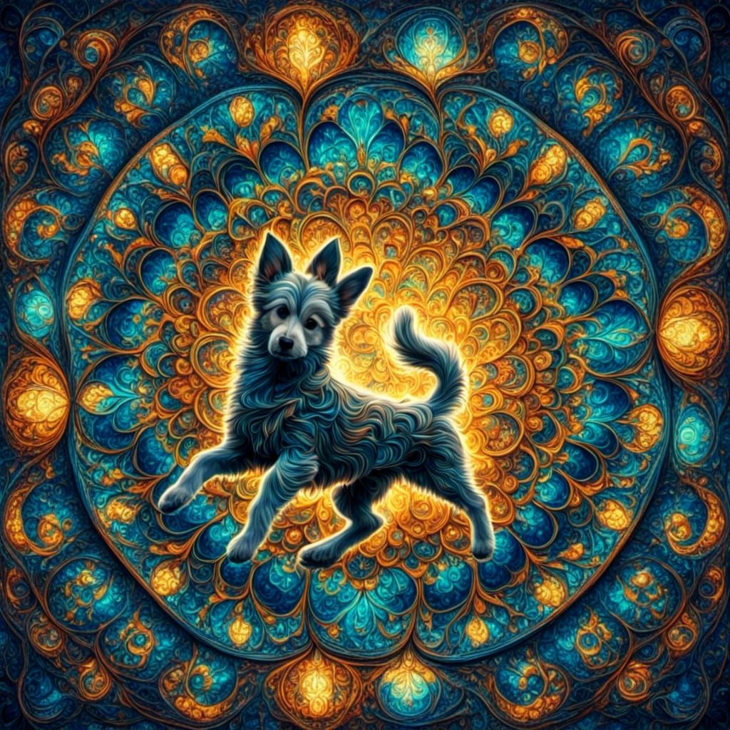 Fractal Mandala Stained Glass Puppies in Art Nouveau