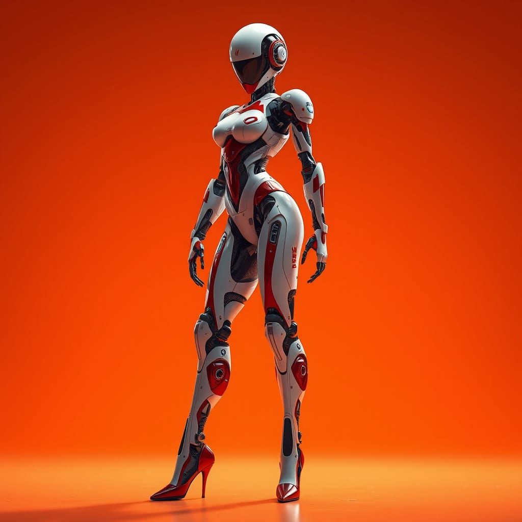 Futuristic Robot Girl in High Heels on Orange Background