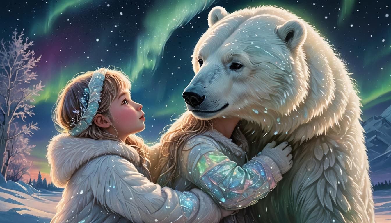 Child Kisses Magical Ice Creature Under Aurora