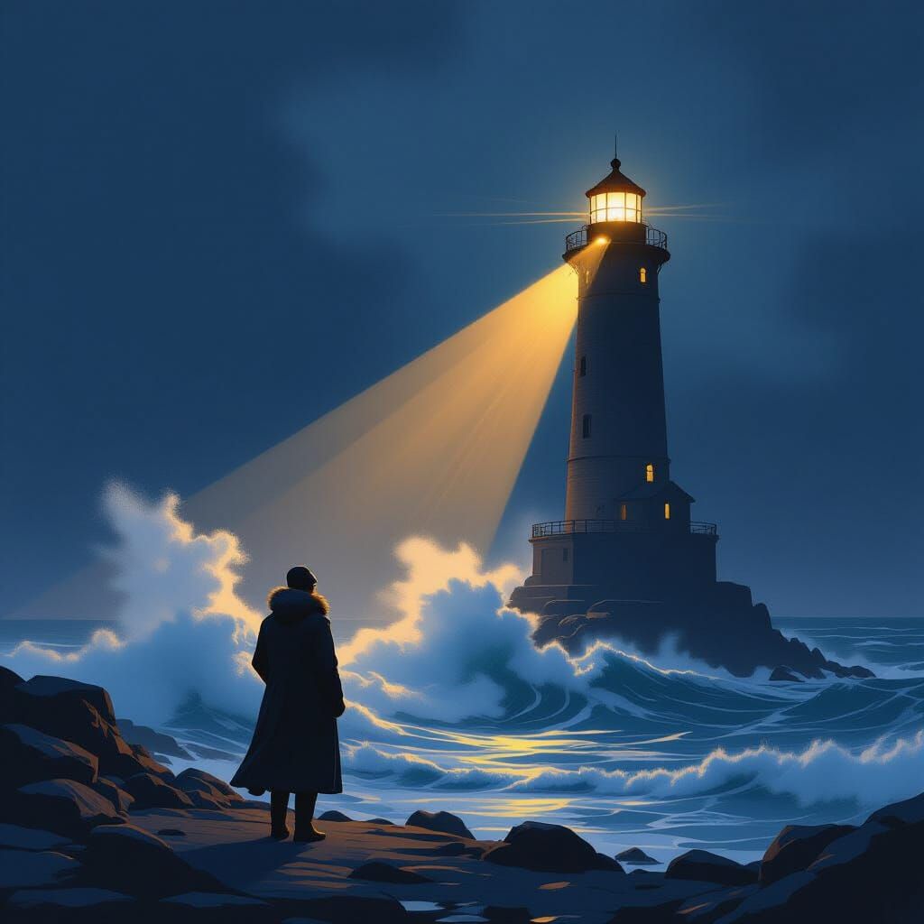 Lighthouse Keeper in Twilight, Hyperrealistic Style