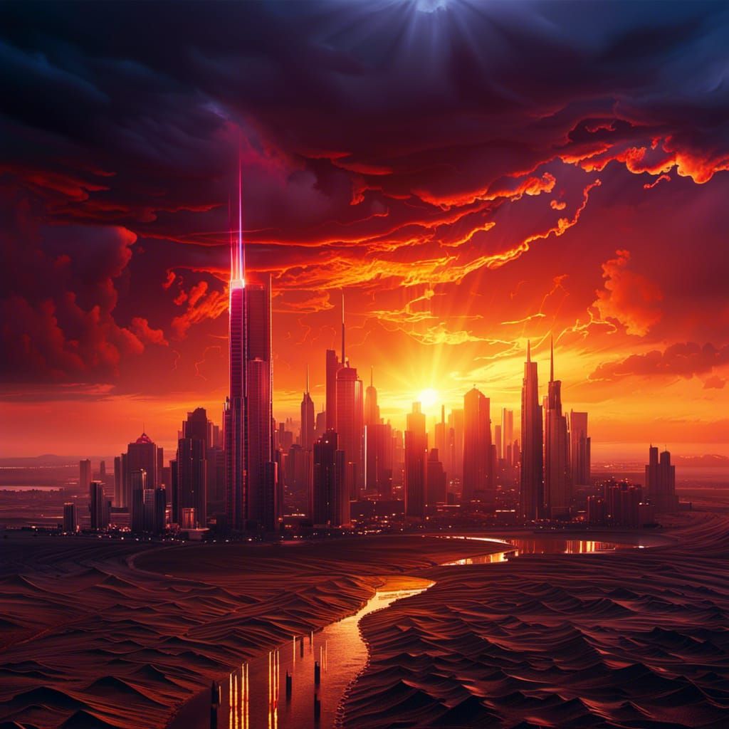 Neon Desert City Under a Blazing Sunset