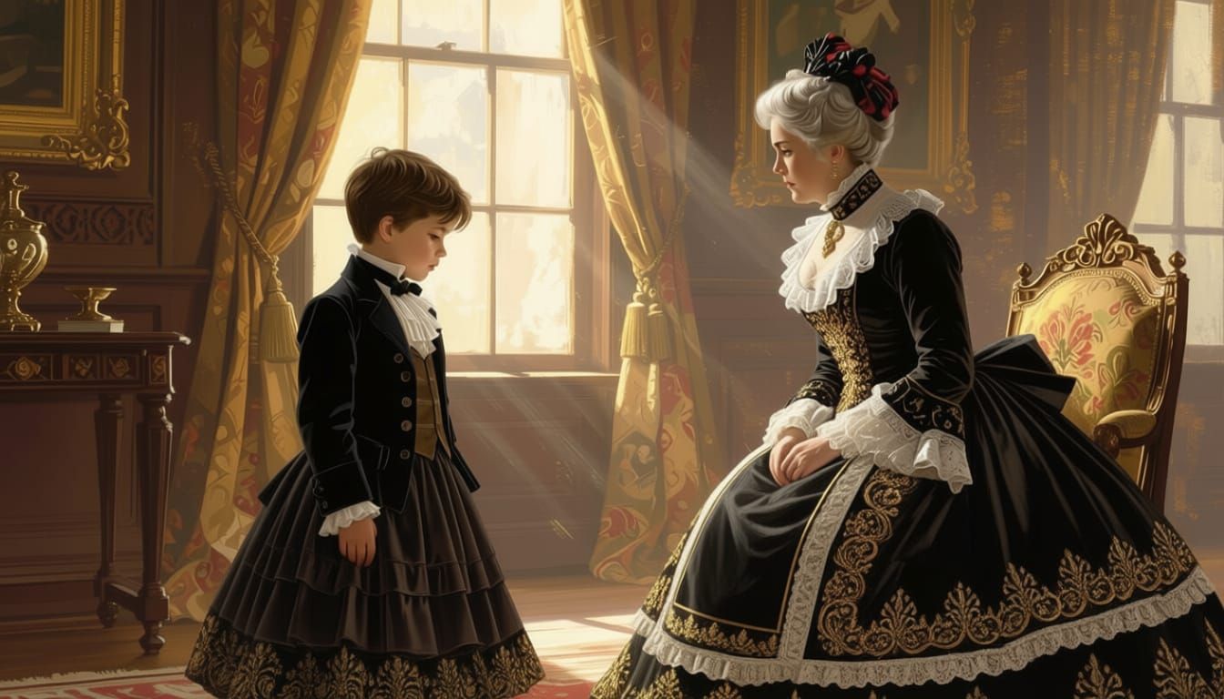 Victorian Boy Scolded by Elegant Woman