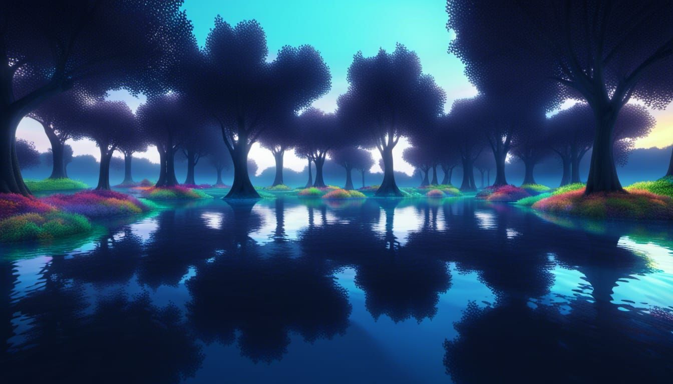 Rainbow Zig-Zag Trees Reflect in Pond: Digital Art
