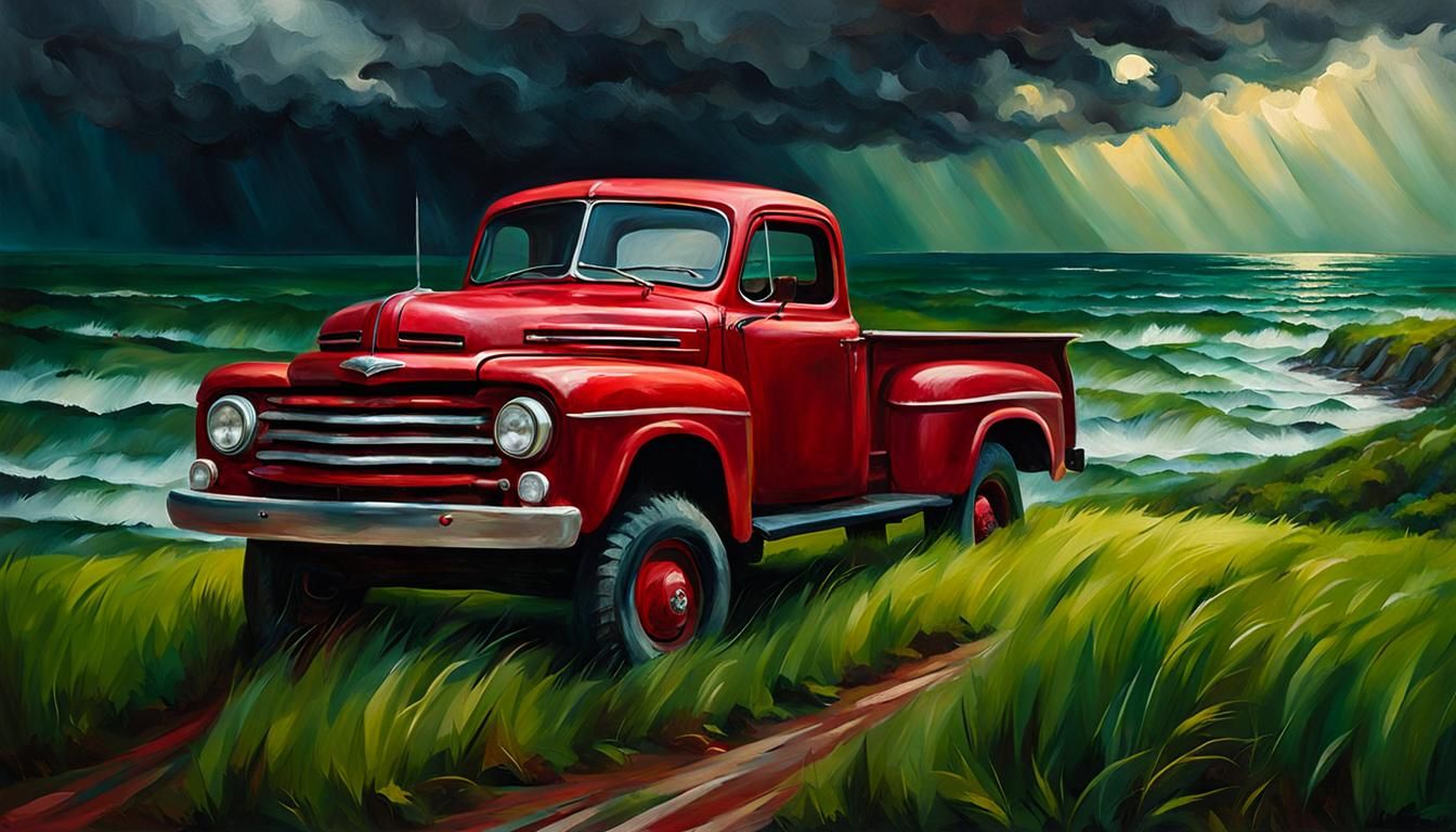 Red Pickup Truck Overlooking Ocean, Oil Painting