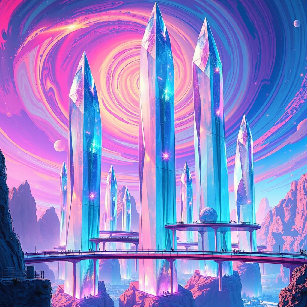 Iridescent Crystal Towers in Psychedelic World