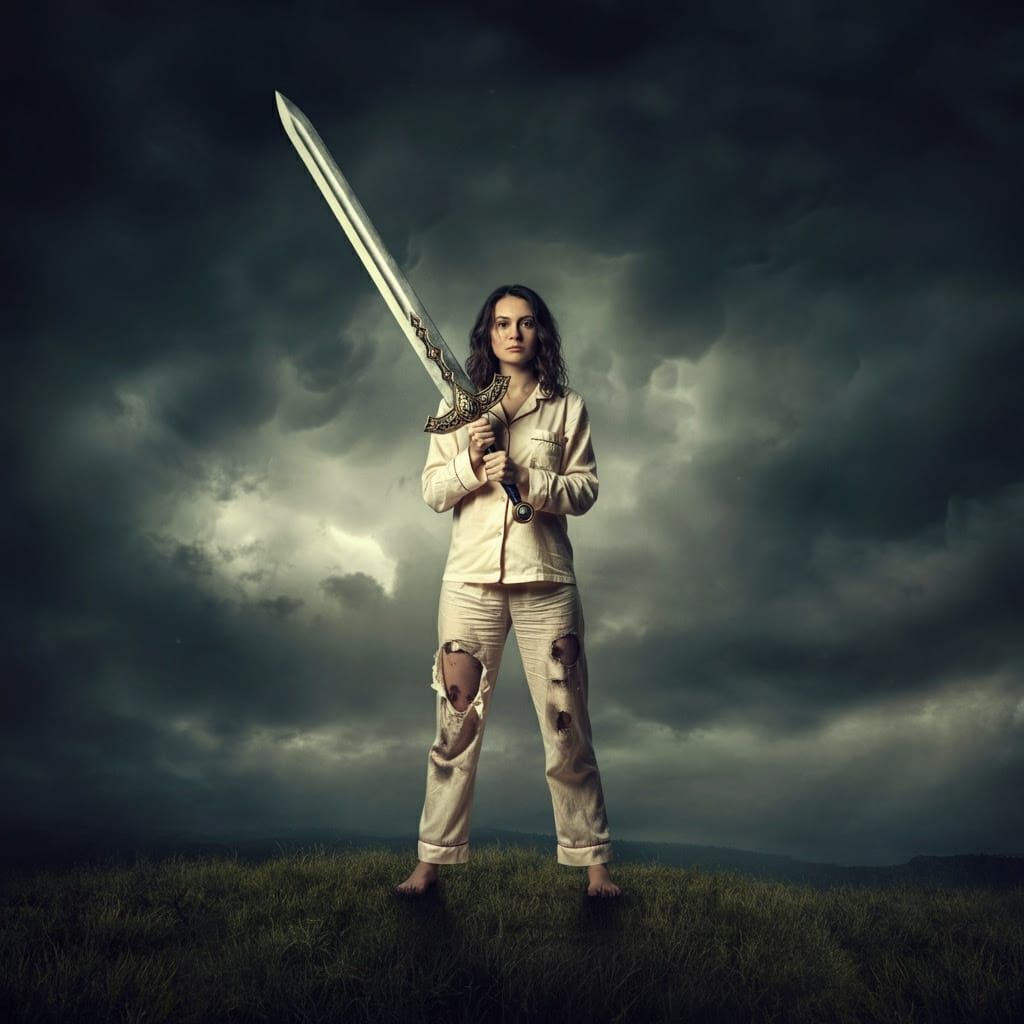Heroic Woman Wields Sword Against Dark Skies