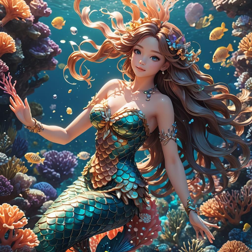 Mermaid's Reef Dive: Vibrant 3D Anime Illustration