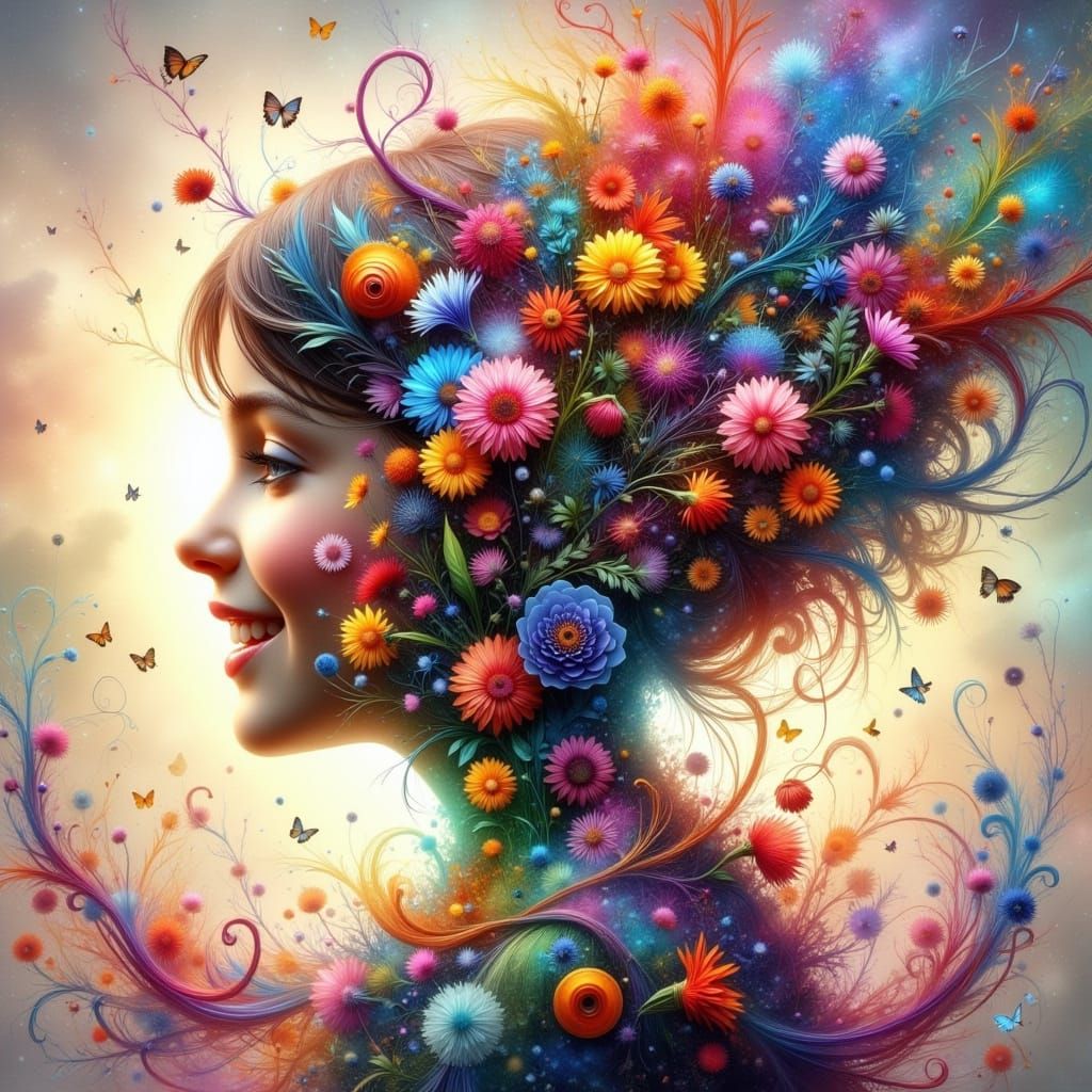 Surreal Double Exposure of a Girl's Head Filled With Flowers