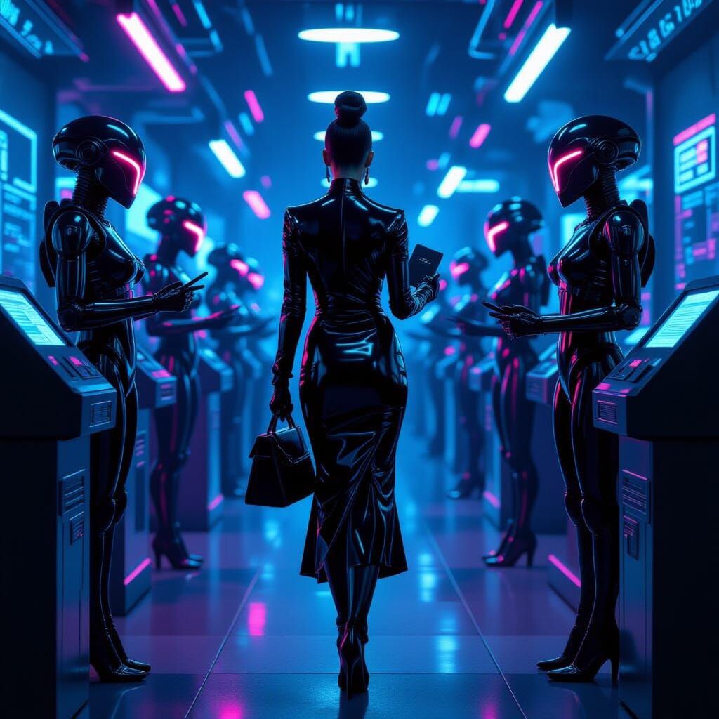 Woman in Latex at Alien Customs in Cyberpunk City