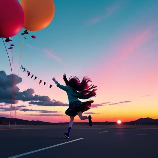 Girl Releasing Balloons: Vibrant Digital Art