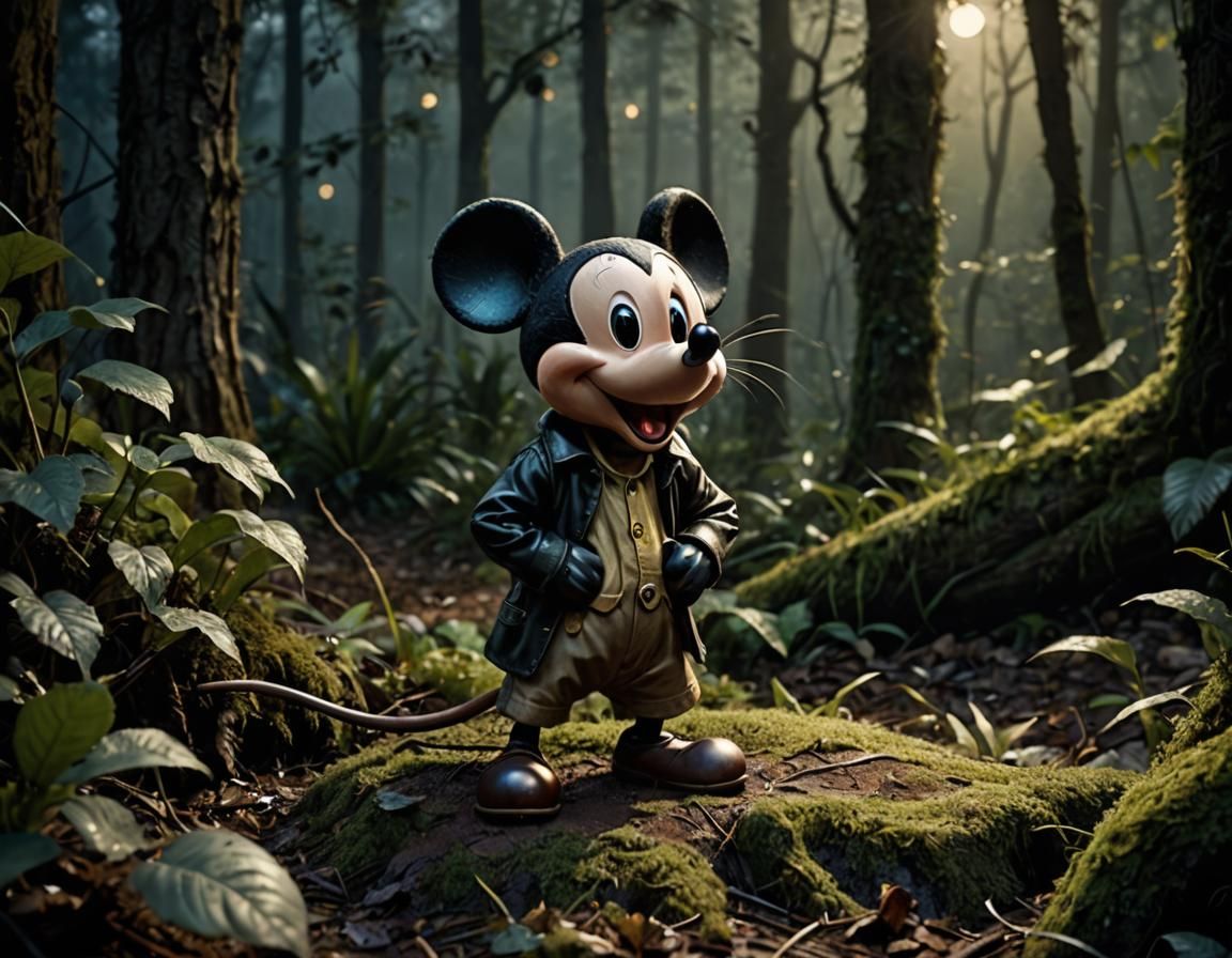 Hyperrealistic Mickey Mouse in Eerie Forest