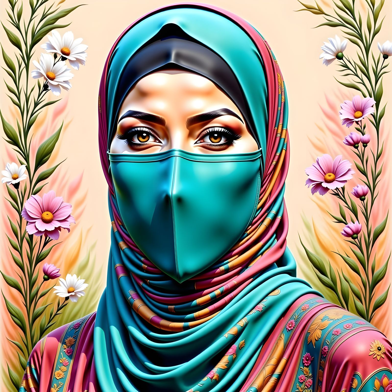 Hijabi Woman in Turquoise with Floral Mask