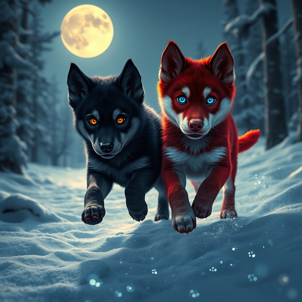Husky Puppies Playing in Snowy Moonlit Landscape