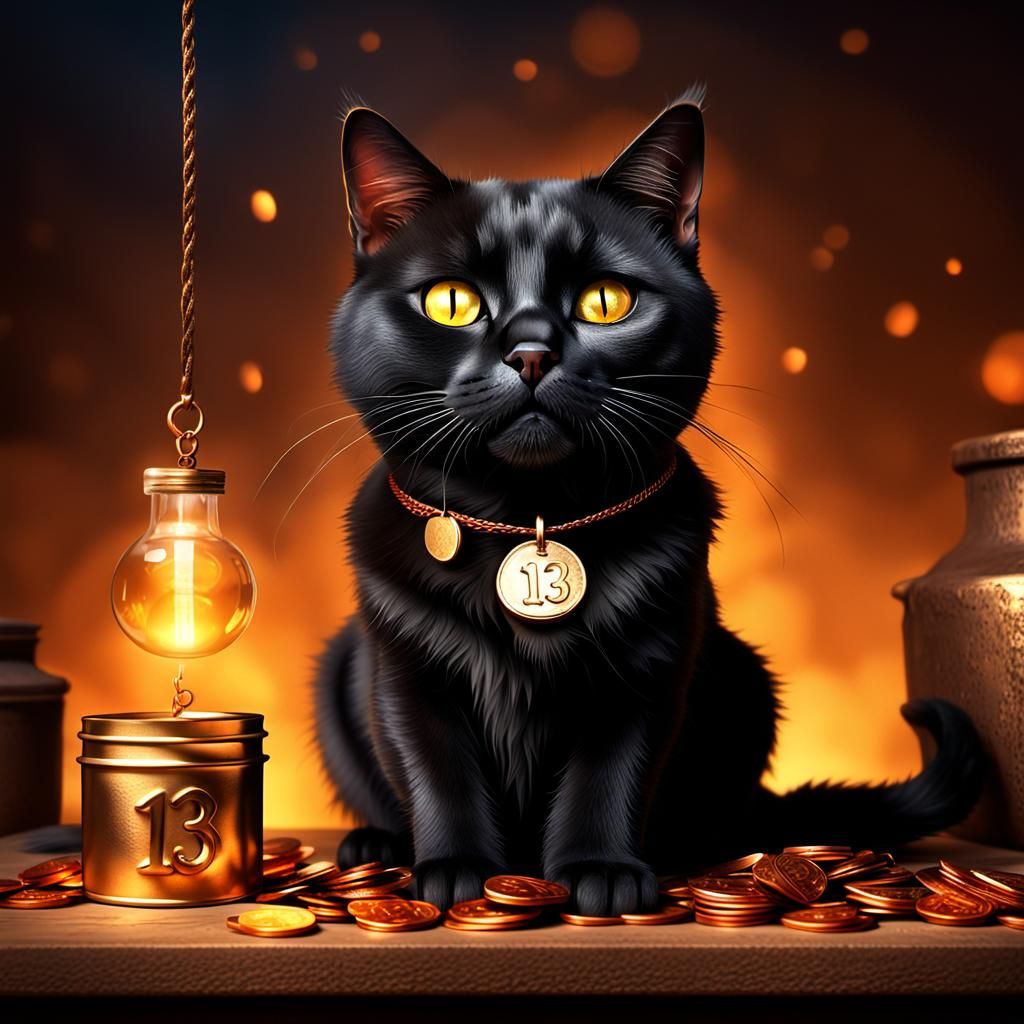 Mystical Black Cat with Penny Pendant