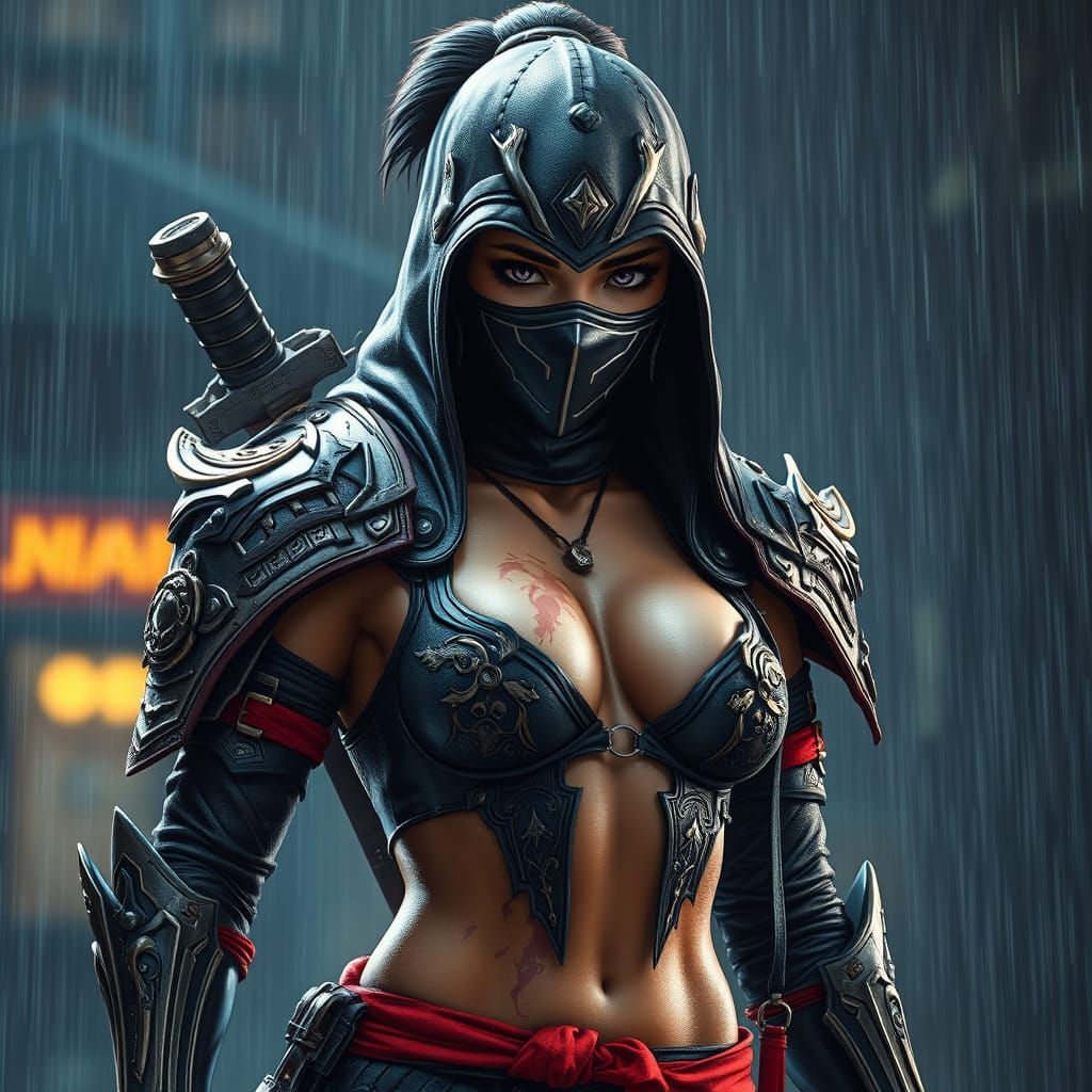 Futuristic Ninja in Rain, Hyperrealistic Film Noir