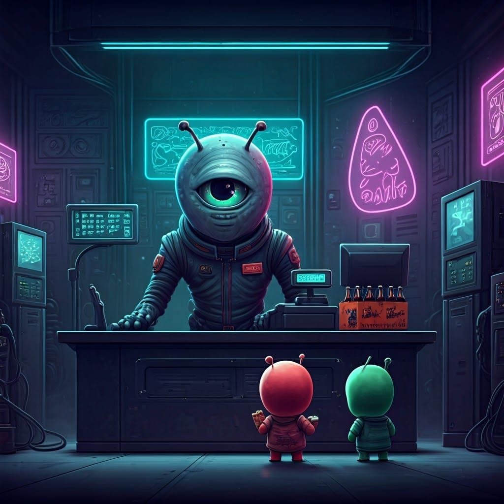 Skeptical Alien Cashier at Space Station Gas Station