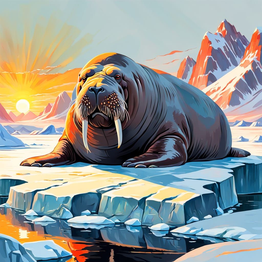 Walrus on Ice: A Gouache Maximalist Painting
