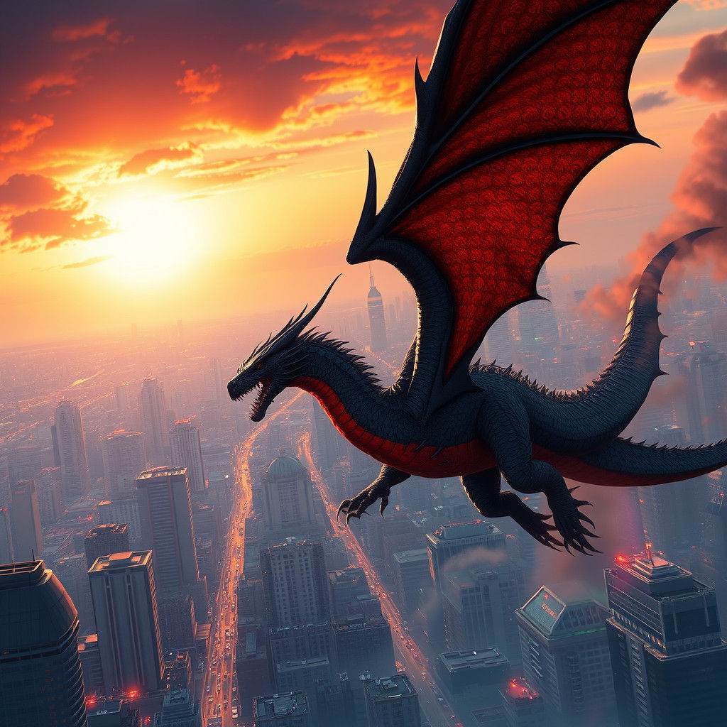 Fiery Dragon Soaring Over City at Sunset