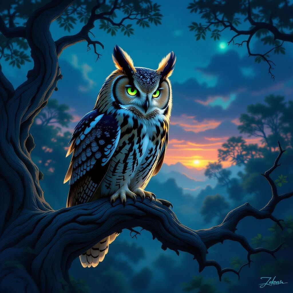 Majestic Owl with Lion Mane Feathers in Twilight Forest
