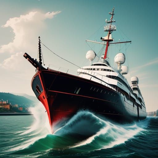 Hyperrealistic Boat on Rhine in Splash Art Style