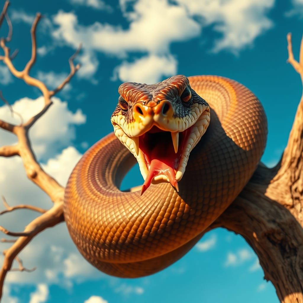 Menacing Brown Snake Entwines Majestic Acacia Tree