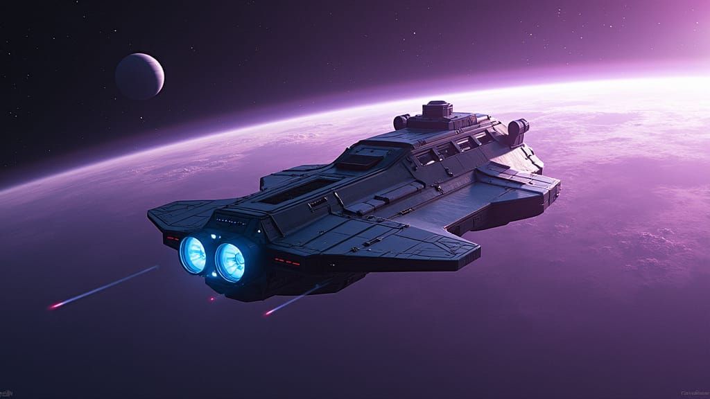 Ringed Planet Orbiting Spacecraft in Photorealistic Style