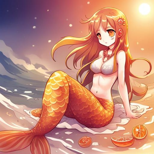 Orange Mermaid in Anime Style