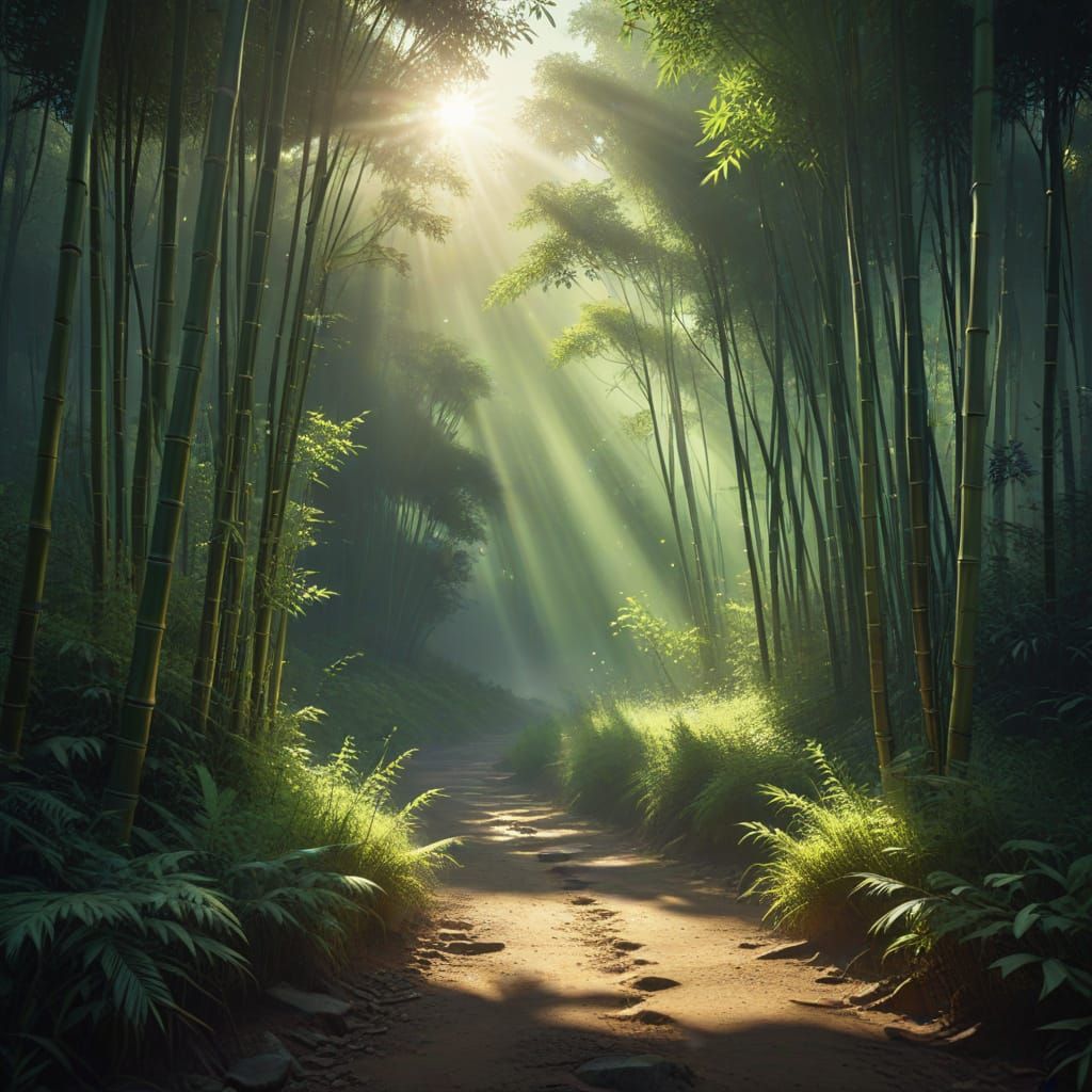 Lush Bamboo Forest at Dawn with Ethereal Sunbeams