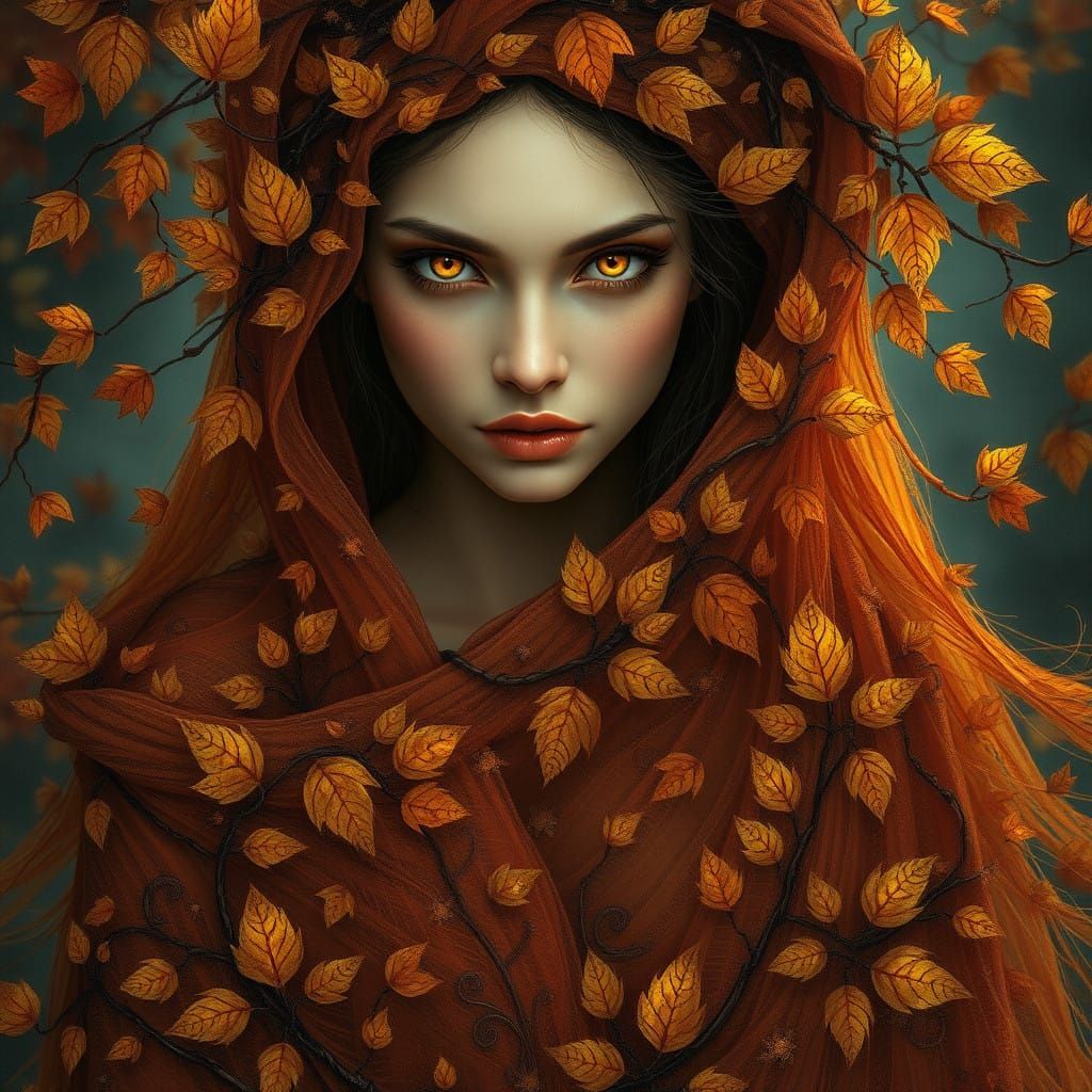 Mystical Autumn Goddess in Vibrant, Intricately Woven Gown w...