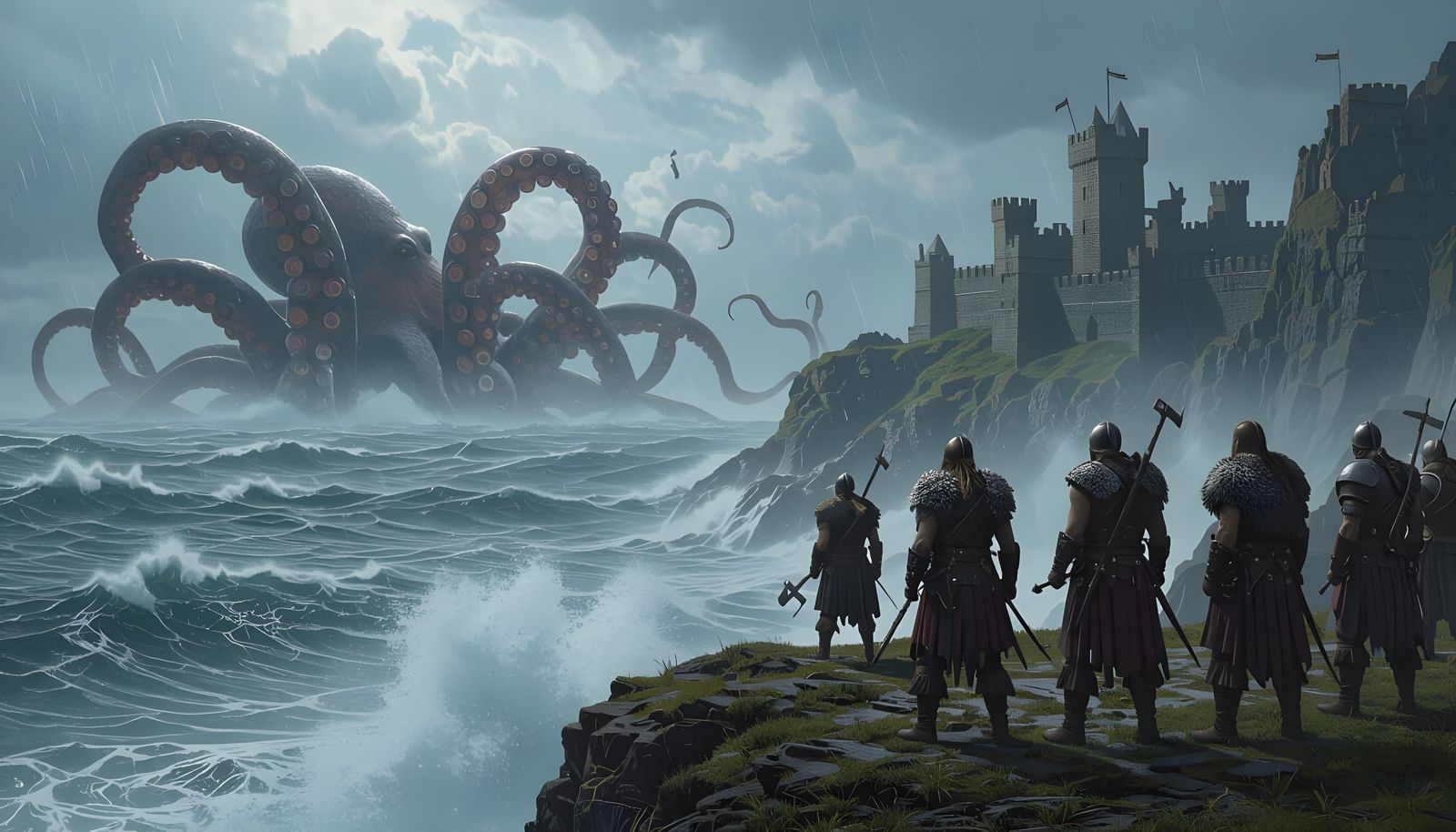 Viking Warriors Face Kraken on Stormy Cliff