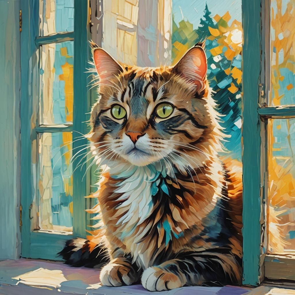 Cat in Window: Impressionist Oil Painting