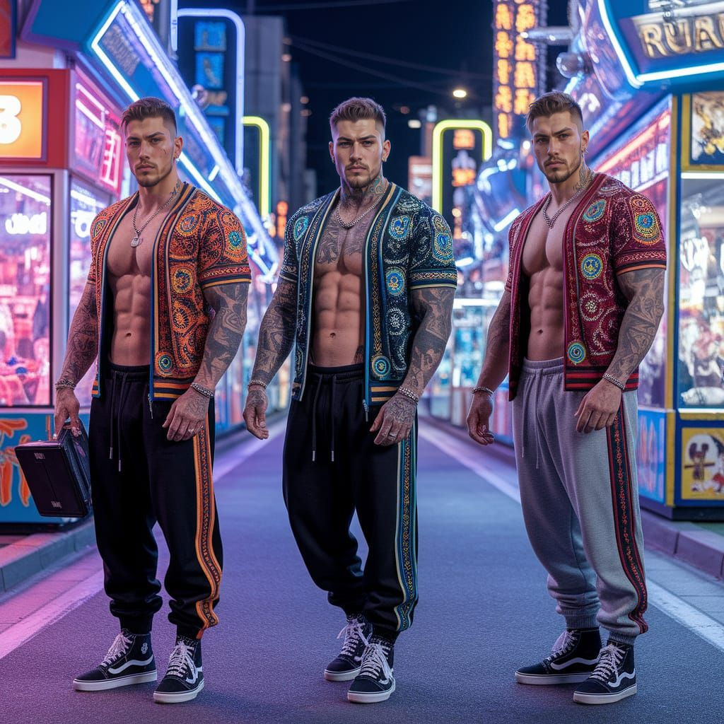 Handsome Men Pose in Tokyo Arcade at Night