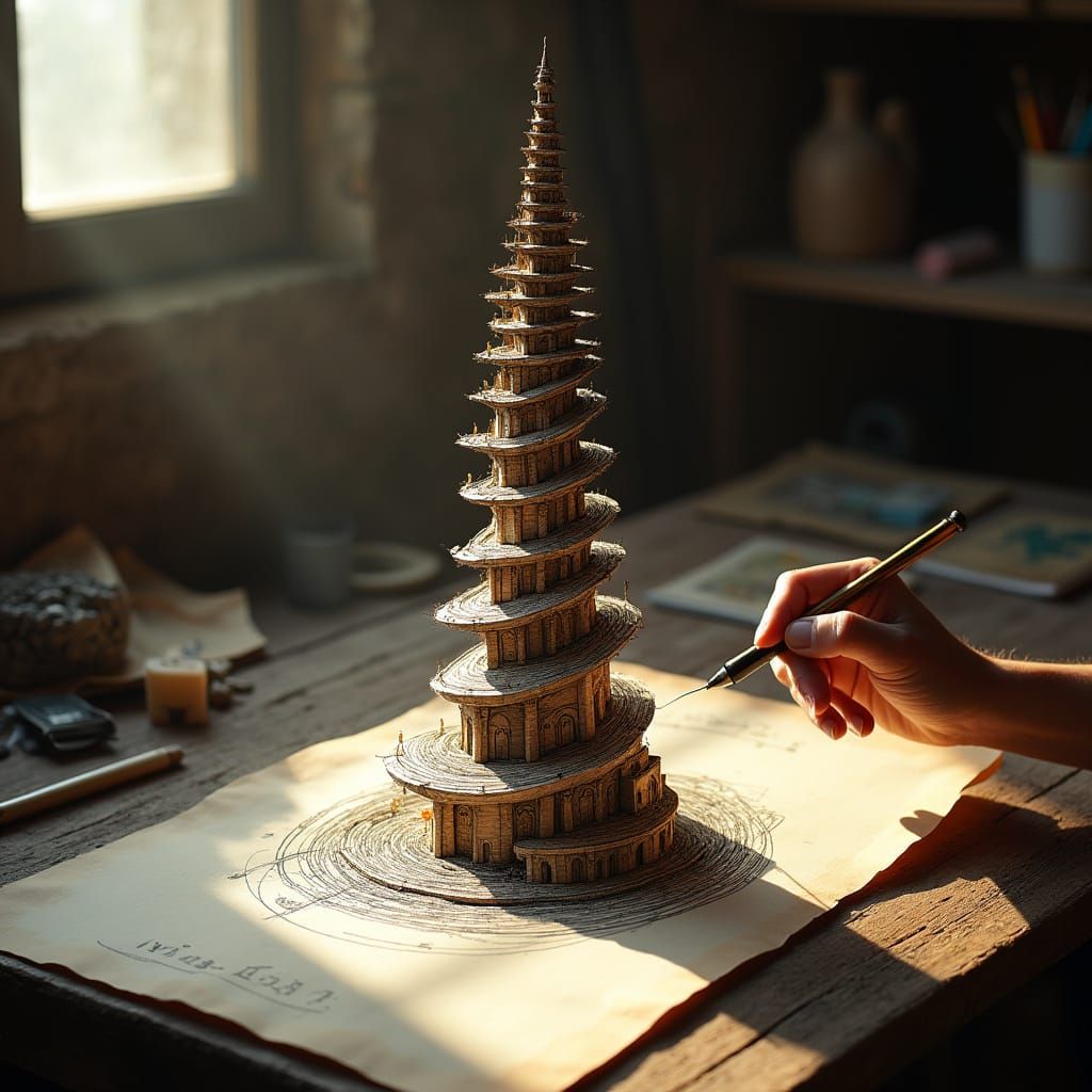 Escher-Inspired Tower Rises from Hand-Drawn Blueprint