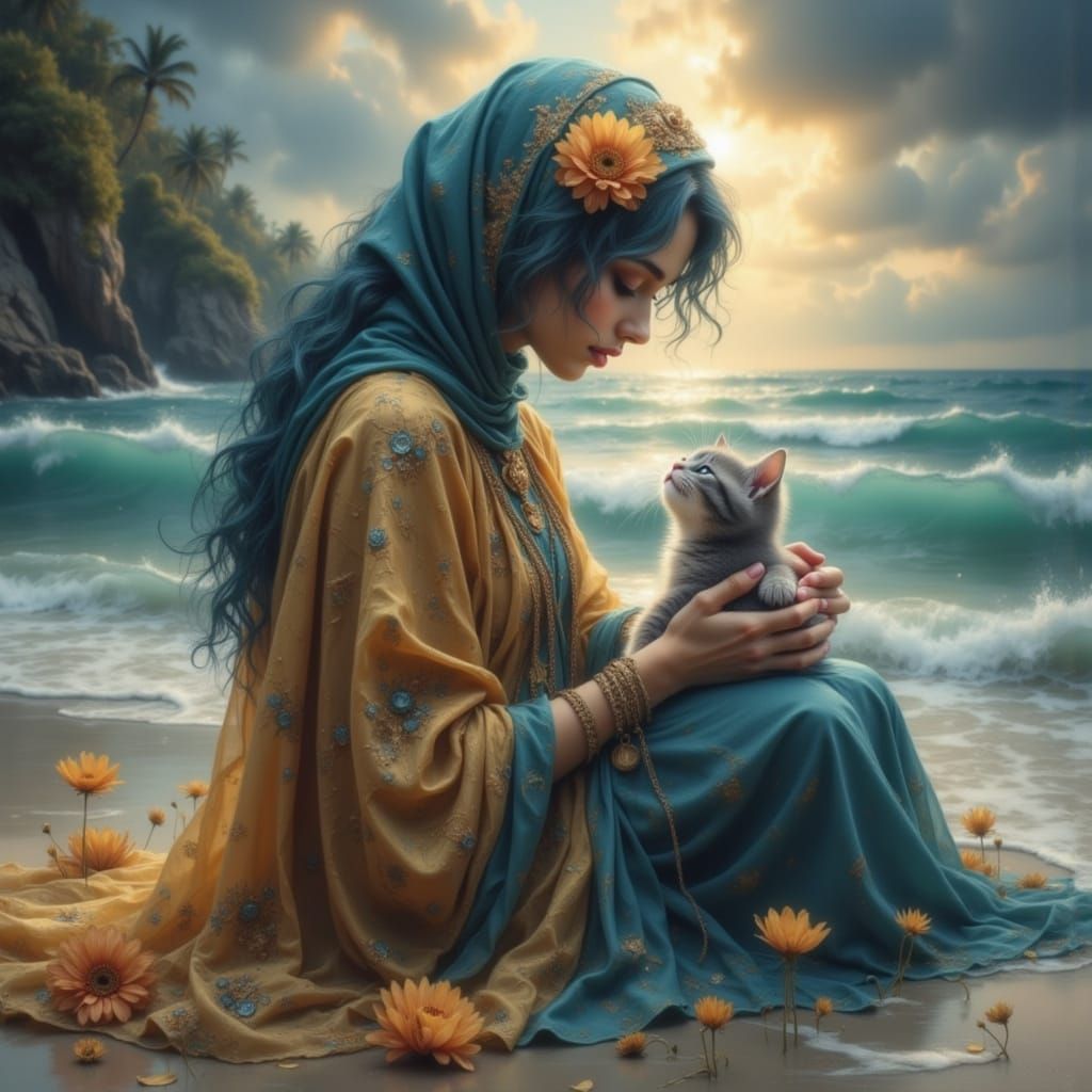 Kitten on Beach with Teal and Gold Accents