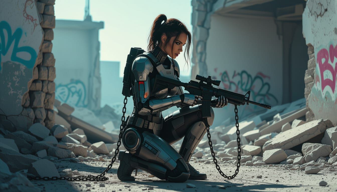 Cyborg Woman Kneeling in Post-Apocalyptic Cityscape