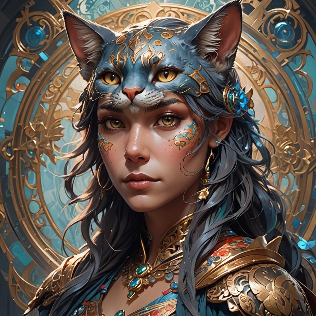 Catfolk Portrait in Hyperdetailed Art Nouveau Style