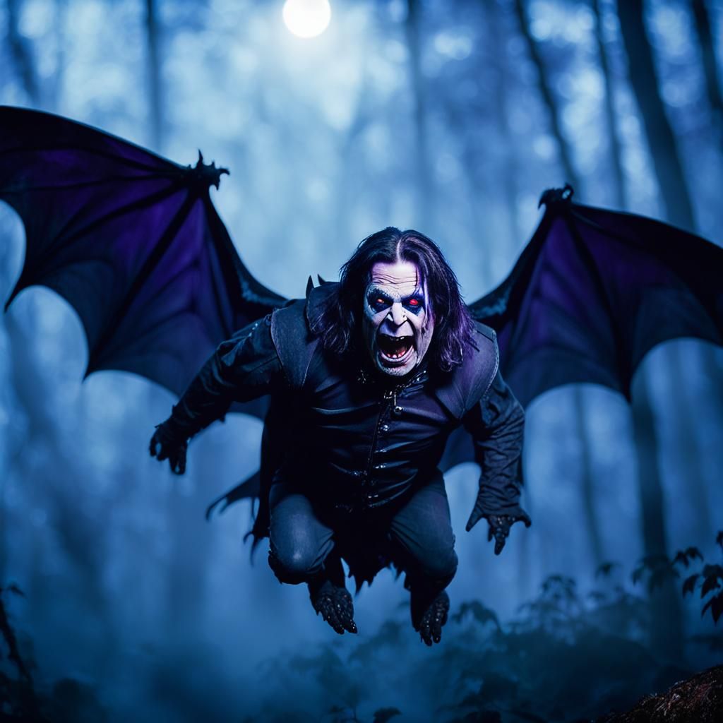 Ozzy Osbourne Rides a Bat: Gothic Rock Portrait