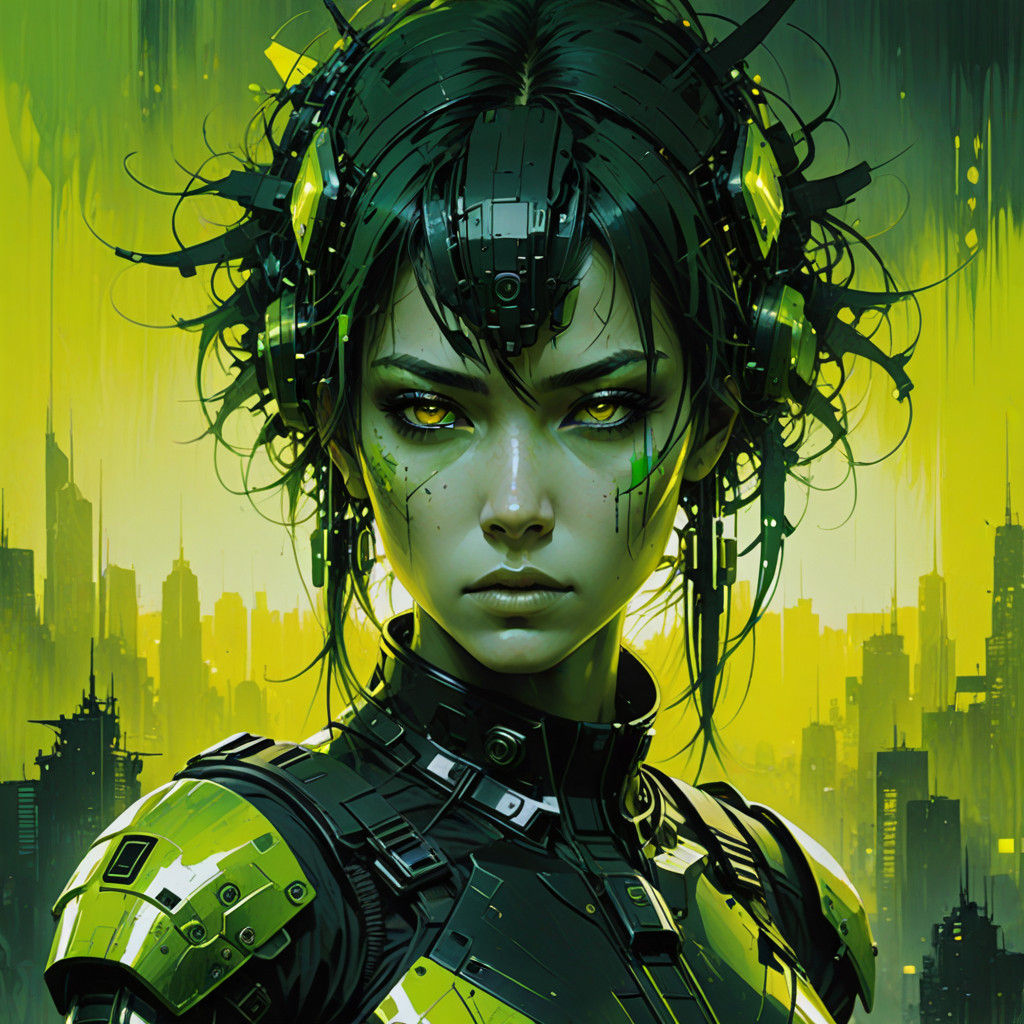 beautiful Cyberpunk Female warrior, Stunning, dramatic, Yellow green white and black, vivid, Jeremy Mann, fusion between...