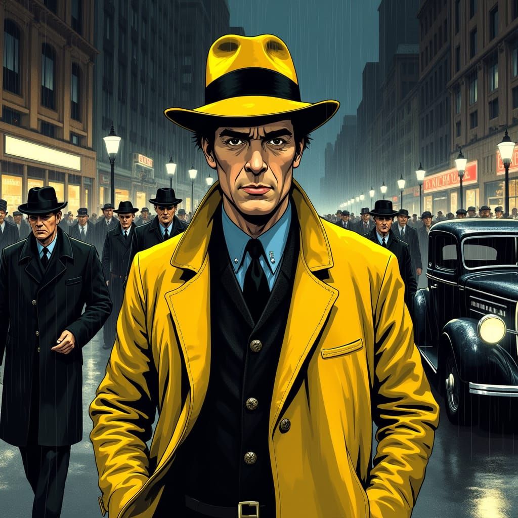 Gritty 1930s Detective in Yellow Coat Embarks on Rainy Night...