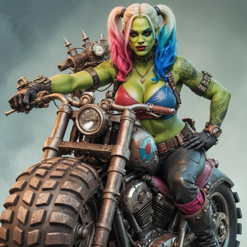 Harley_Quinn orc riding steampunk_motorcycle