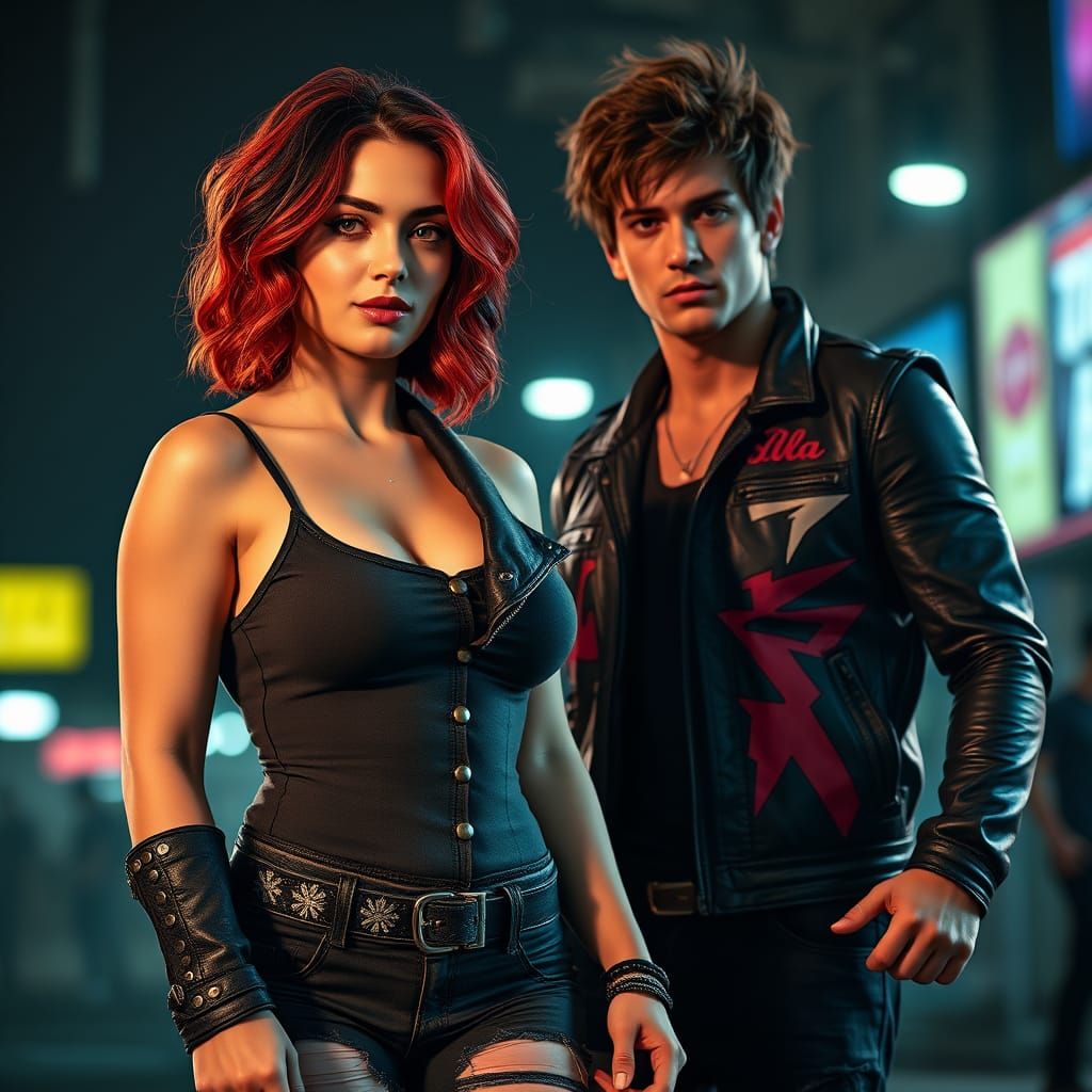 Cyberpunk Woman with Green-Eyed Man in Neon-Lit Night