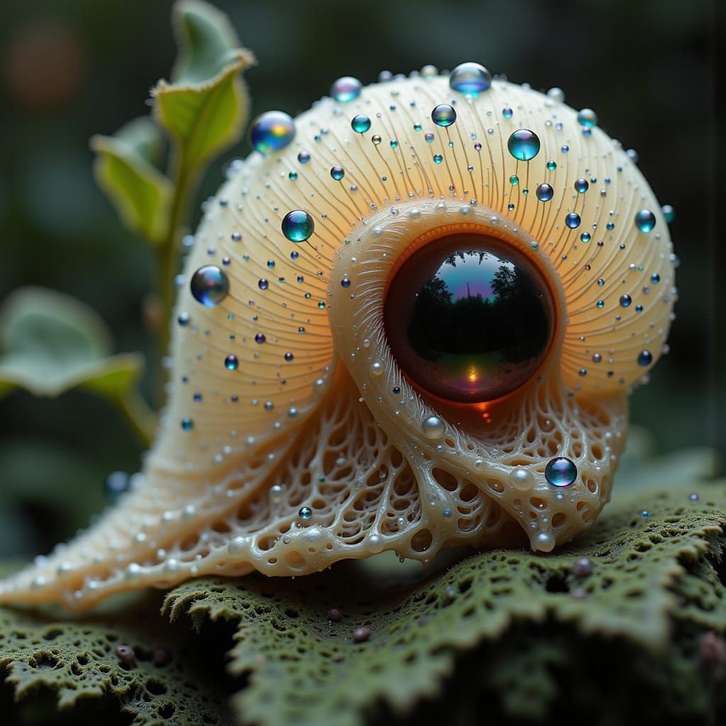 Exquisitely Beautiful Snail in a Dewy Landscape
