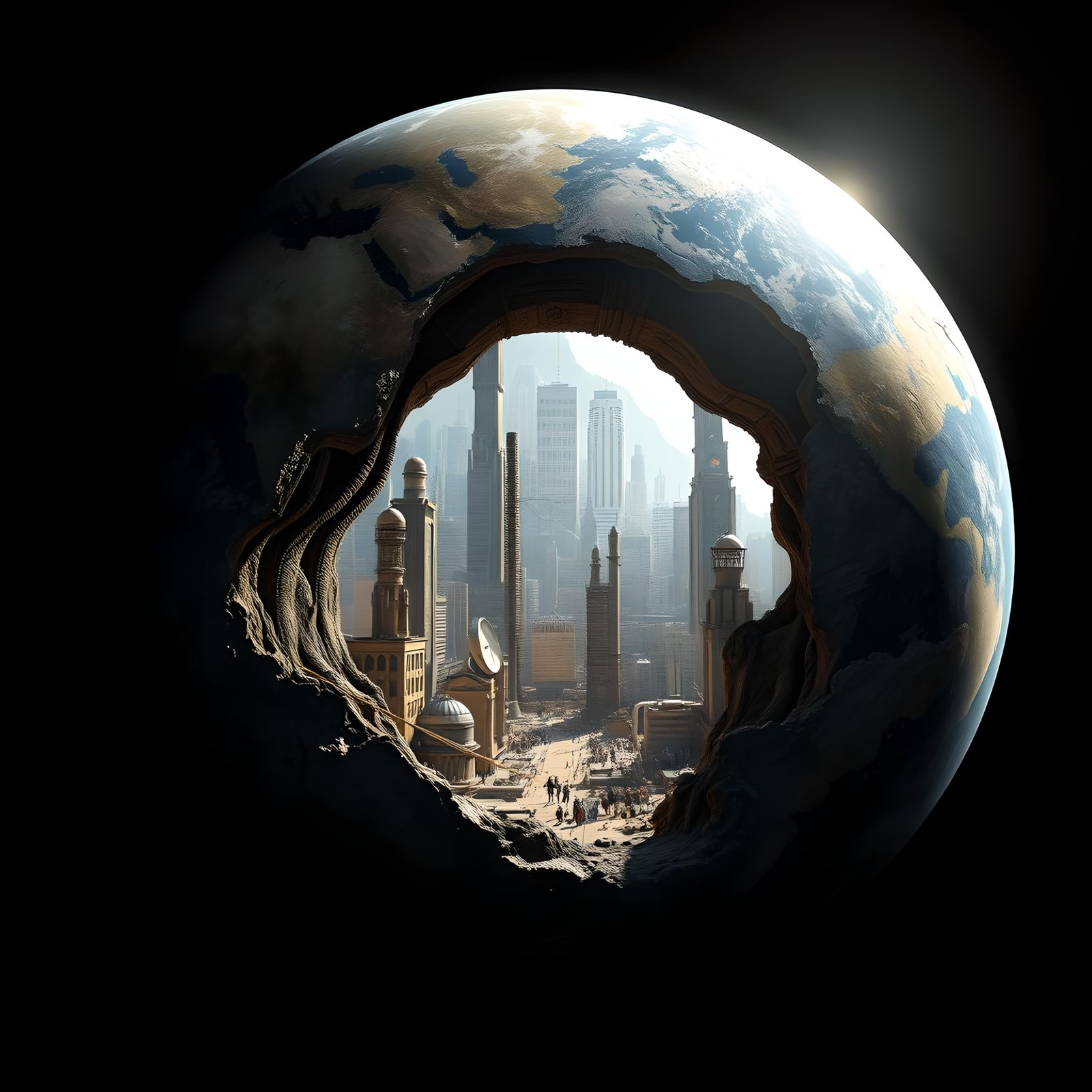 Hyperrealistic Industrial City Inside Hollow Earth