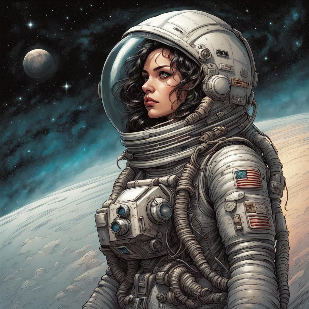 Female Astronaut in Space: Comic Book Art Style