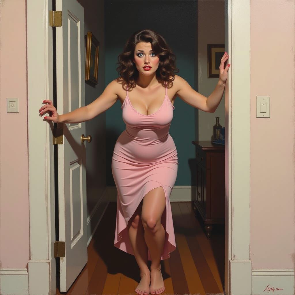 Woman Stumbles Drunk in Doorway, Expressive Figurative Style