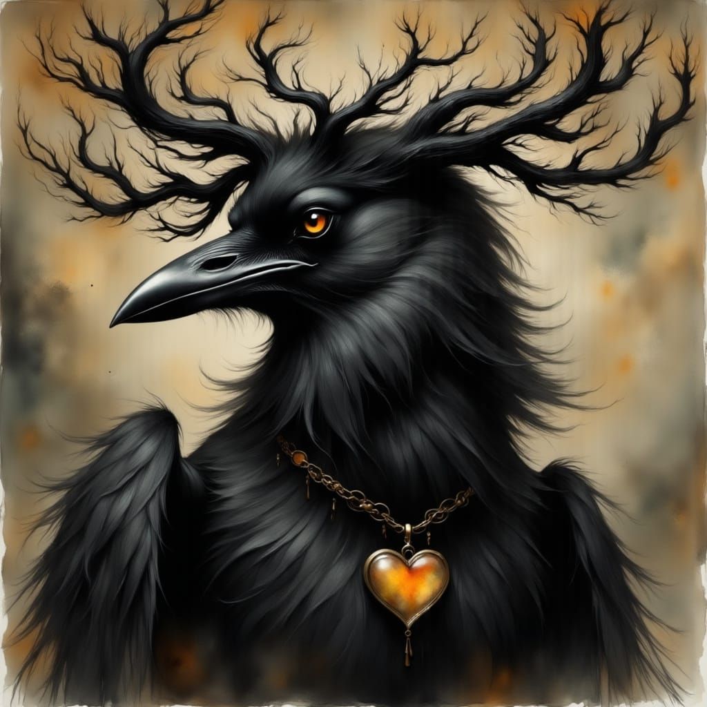 Elegant Black Bird with Twisted Branch Crown in Mystical Lan...