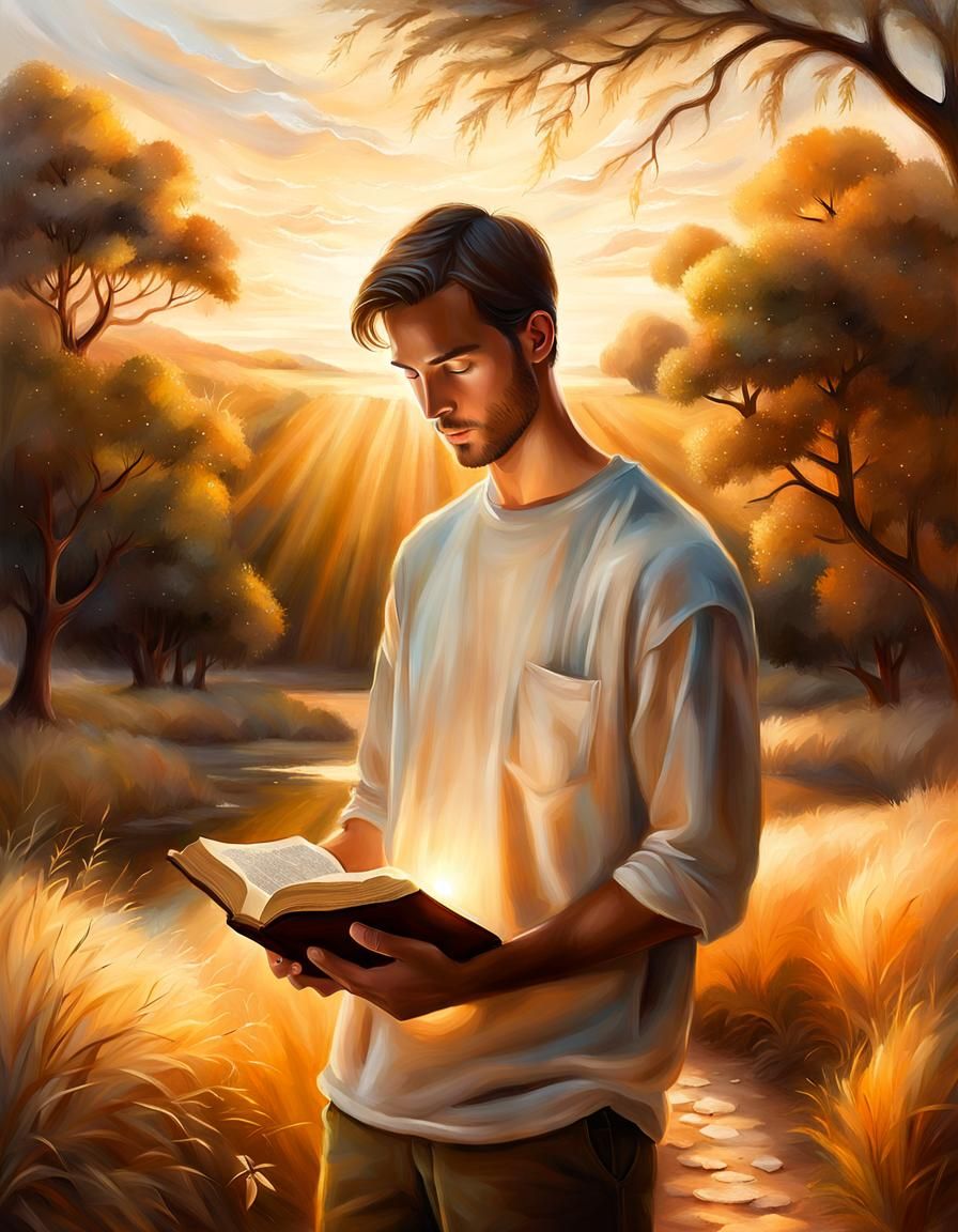 Serene Young Man with Bible in Spiritual Realism