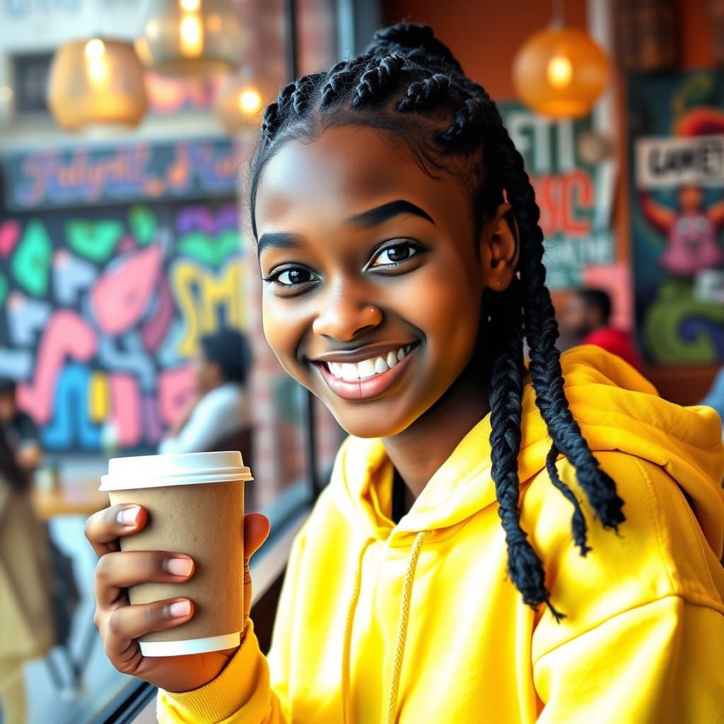 Winking Girl with Coffee in Colorful Cafe